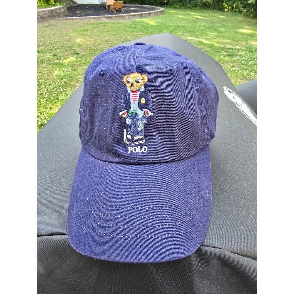 Polo Ralph Lauren Navy Blue Polo Bear Cotton Twill Hat Leather Strap‎ Adjustable